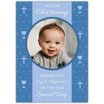 Personalised Christening Card for Boys with Photo and Religious Symbols on Blue Background