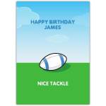 Personalised Rugby Themed Happy Birthday Card for Him with Nice Tackle Message