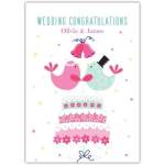 Personalised Wedding Congratulations Card with Cute Birds and Wedding Cake Design