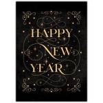 Elegant Happy New Year Greeting Card with Gold Foil and Decorative Swirls on Black Background