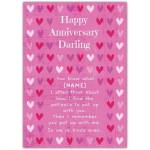 Personalised Happy Anniversary Darling Card with Humorous Heart Pattern Design