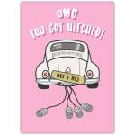 OMG You Got Hitched Wedding Congratulations Card with Classic Car and Tin Cans Design