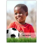 Personalised Kids Football Card with Smiling Boy in Red Shirt and Green Grass Background