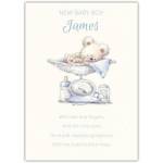 Personalised New Baby Boy Card with Teddy Bear and Baby Items Suitable for Birth or Christening
