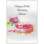Personalised 100th Birthday Card with Berry Cheesecake and Floral Watercolour Design