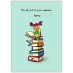 Personalised Good Luck in Your Exams Card with Girl Sitting on Books Design