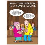 Funny Happy Anniversary Card for Couple with Humorous Cartoon and Speech Bubbles