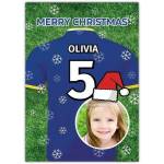 Personalised Kids Christmas Card Blue Sports Jersey Custom Name Number and Photo