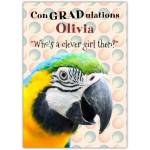 Personalised Graduation Card with Colourful Parrot and Fun Clever Girl Quote