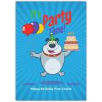 Personalised Birthday Card with Cartoon Dog Holding Cake and Balloons Party Time Design