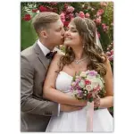 Romantic Wedding Day Greeting Card Featuring Bride and Groom Embracing Outdoors