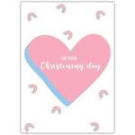 Christening Day Card with Pink Heart and Rainbow Design for Baby or Child Celebration
