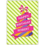 Personalised Birthday Card with Colourful Party Hat on Green Striped Background