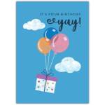 Birthday Card with Balloons and Gift Box Design on Blue Background