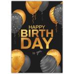 Happy Birthday Card with Gold and Black Balloons Suitable for Any Age Celebration