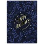 Happy Holidays Blue Leaves White Stars Greeting Card