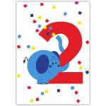 2nd Birthday Card with Cute Blue Elephant and Colourful Confetti Design
