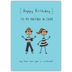 Funny Happy Birthday Card for Partner in Crime Cute Cartoon Couple Design