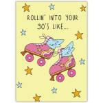 Roller Skates 30th Birthday Card with Humorous Retro Design and Personalisation Option