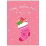 Sending Christmas Magic to My Sister Pink Christmas Stocking Greeting Card