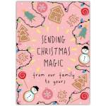 Sending Christmas Magic Family Greeting Card with Festive Gingerbread Snowman Design