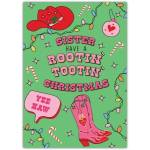 Sister Rootin Tootin Christmas Card with Cowboy Boots and Festive Lights