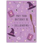 Spellbinding Birthday Card with Witch Hat Broom and Potion Design in Purple