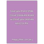 Funny Purple Anniversary Card Love You More Than Sleeping Alone Snoring Humor