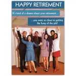 Happy Retirement Humorous Card with Vintage Office Team Celebrating Work Farewell