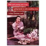 Humorous Christmas Card with Woman Writing Gifts Under Tree Suitable for Personalised Christmas Messages