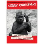 Humorous Christmas Card with Monkey in Party Hat and Cheeky Gesture for Festive Fun