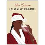 Merry Christmas Holiday Card with Woman in Santa Hat Enjoying Wine