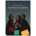 Blessed New Chapter Congratulations Card Featuring Stylish Women with Handbags and Sunglasses