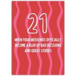 21st Birthday Card with Humorous Weekend Bad Decisions Quote