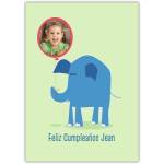 Personalised Spanish Happy Birthday Card with Blue Elephant and Photo Balloon for Kids