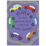 Nephew Happy Birthday Card with Colourful Cars and Loving Message