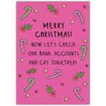 Humorous Merry Christmas Card with Candy Canes and Holly on Pink Background