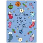 Cosy Christmas Card for Girlfriend Cute Festive Hot Drinks and Stockings Design