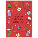 Cosy Christmas Greeting Card with Festive Treats and Stockings Design