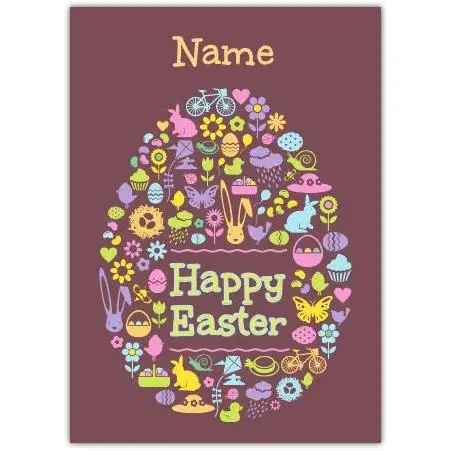 Personalised Happy Easter Egg Card with Spring Icons and Custom Name Option