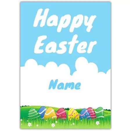 Personalised Happy Easter Card with Colourful Eggs in Meadow Design