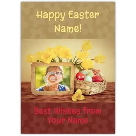 Personalised Easter Card with Daffodils and Colourful Egg Basket Photo Frame