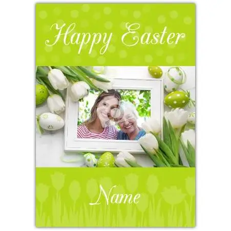 Personalised Happy Easter Card with Photo Tulips and Easter Eggs Design