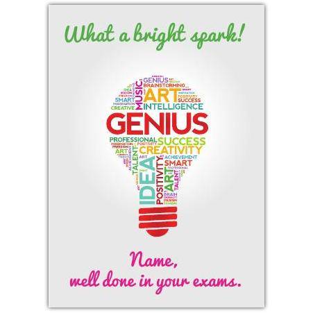 Well Done in Your Exams Bright Spark Lightbulb Congratulations Card with Personalised Name
