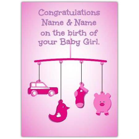 Personalised Pink Mobile New Baby Girl Card Congratulations on Birth