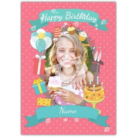 Personalised Pink Birthday Card with Cake and Presents Design for Children
