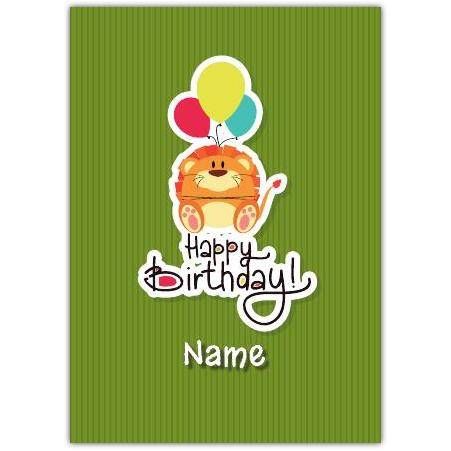 Personalised Happy Birthday Card with Cute Lion and Colourful Balloons on Green Background