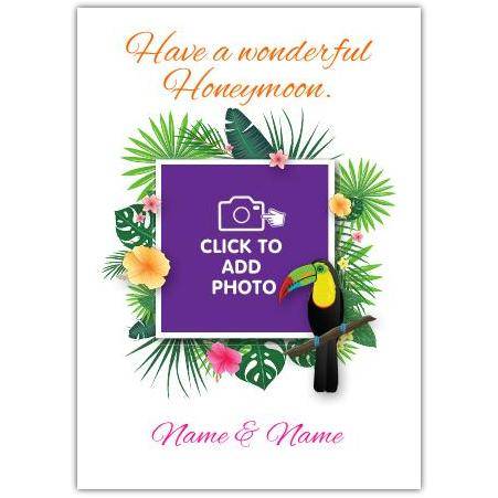 Personalised Tropical Parrot Honeymoon Card with Photo Frame and Custom Names