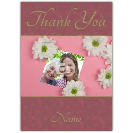 Personalised Daisy Thank You Card with Photo and Name on Pink Floral Design