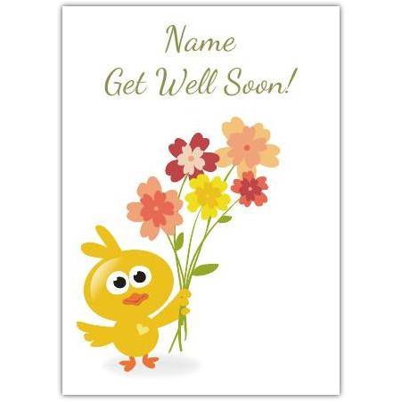 Personalised Get Well Soon Card with Cute Yellow Bird Holding Colourful Flowers